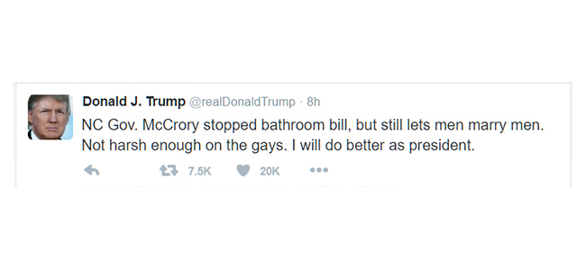 Donald Trump Attacks Governor McCrory For Being “Not Harsh Enough On The Gays”