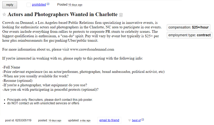 “Crowds on Demand” Posts Charlotte Craigslist Ad Offering $25/Hr For Paid Protesters