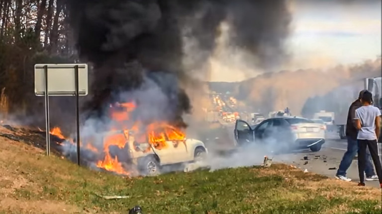 SUV Bursts Into Flames on I-85 – Backing up Traffic For Miles (Video)