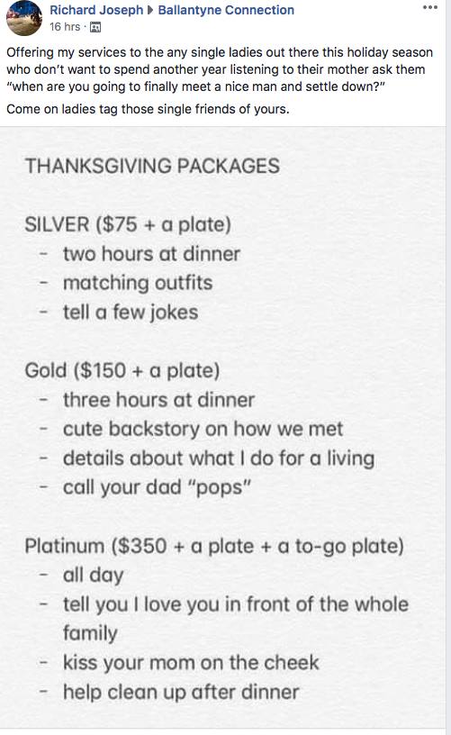 Charlotte's 'Holiday Bachelor' Going Viral After Posting Thanksgiving Date  Packages - Charlotte Stories