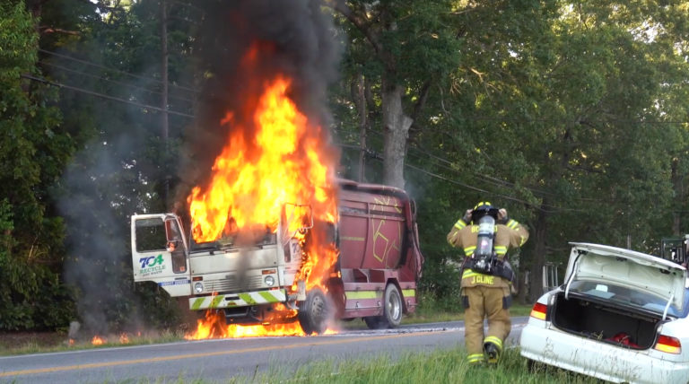 704 Recycling Truck Burst Into Flames Last Night (Video)