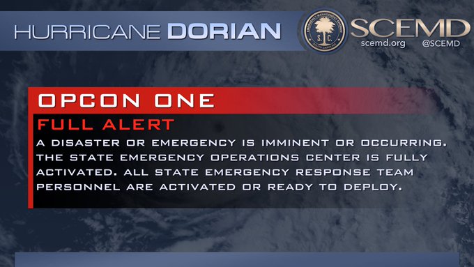 SC Declares State of Emergency ‘OPCON 1 – Full Alert’ Ahead of Cat 5 Hurricane Dorian