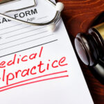 Medical form with words Medical Malpractice and gavel.