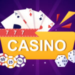 Casino Cartoon Illustration with Buttons, Slot Machine, Roulette, Poker Chips and Playing Cards for Gambling Style Design