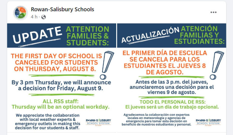 Rowan-Salisbury School District Cancels First Day of School Due To Expected Heavy Rain
