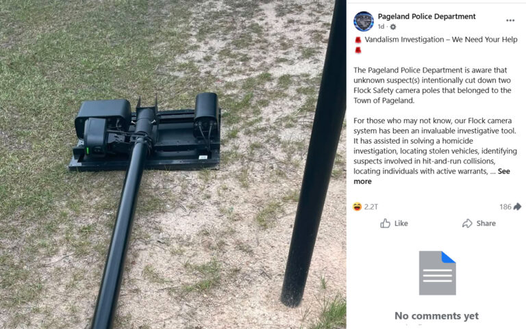 South Carolina Police Asking For Public’s Help After Flock Cameras Are Cut Down