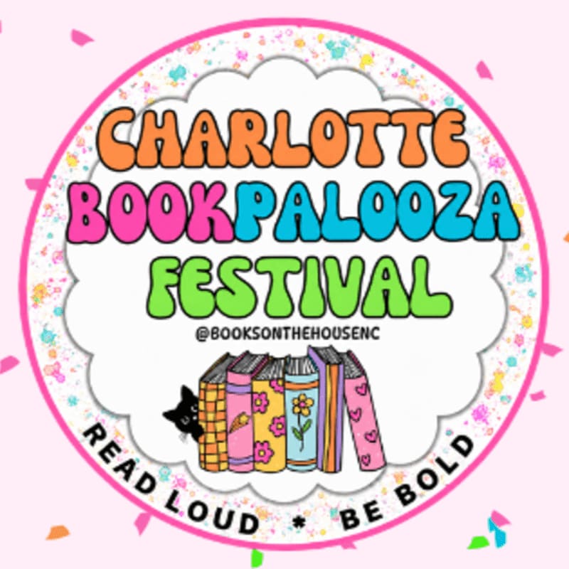 Charlotte BookPalooza Festival logo featuring books and a black cat
