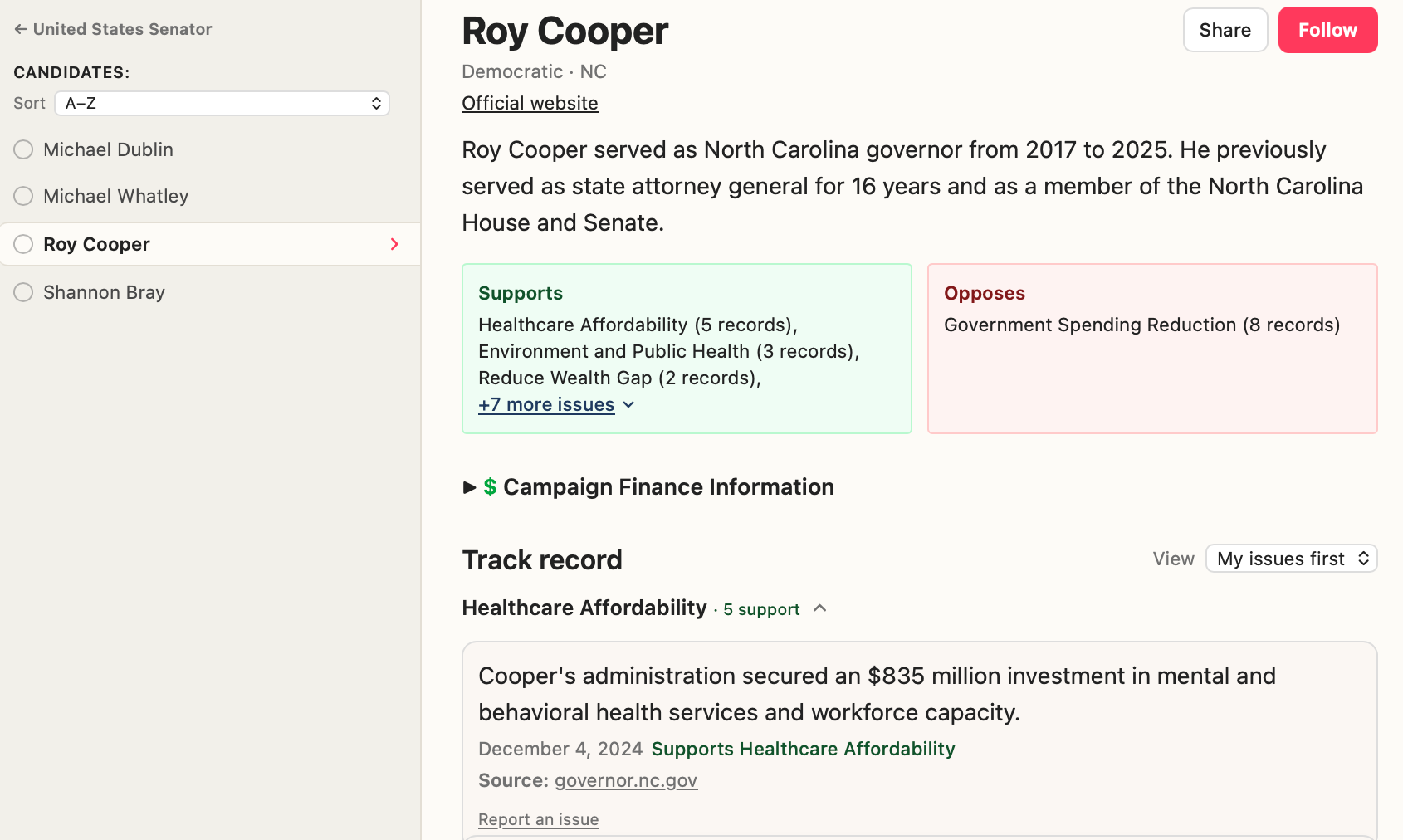 Elections Simplified candidate detail view showing a US Senate candidate's record grouped by issue with linked sources.