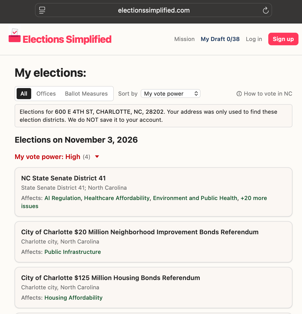 Elections Simplified lists November 3, 2026 elections for a Charlotte address, organized by vote power.