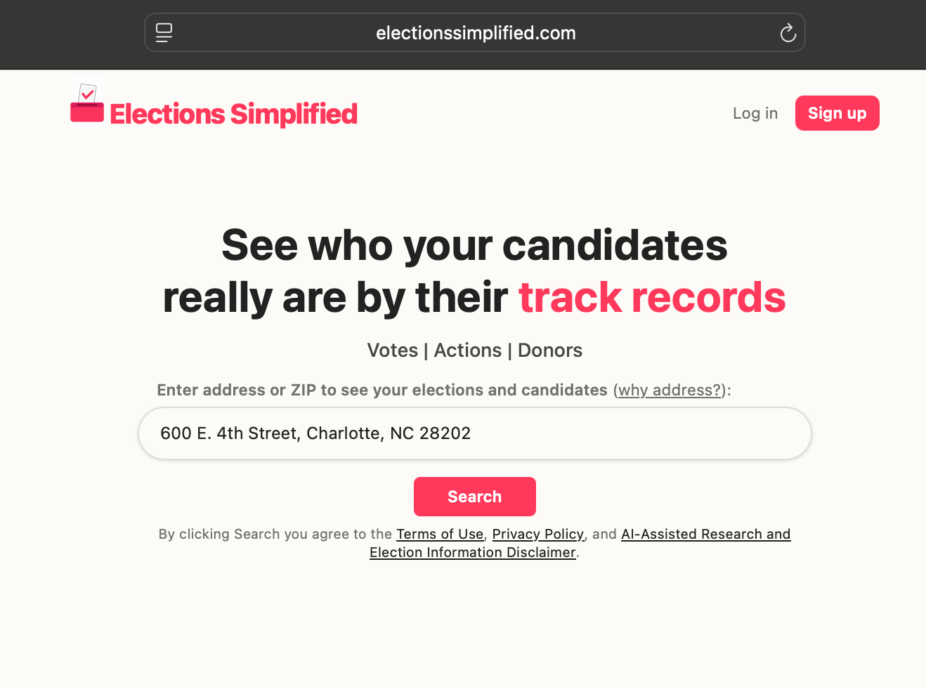 Elections Simplified address search showing 600 E. 4th Street, Charlotte, NC 28202.